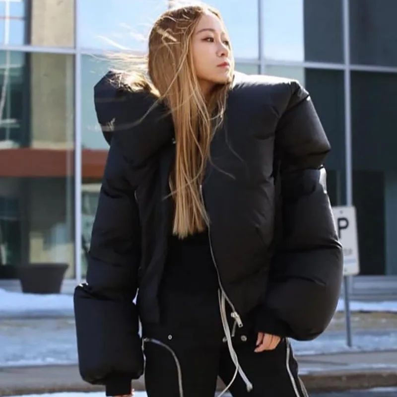 Winter Oversized Black Bubble Coats Women 2023 Fashion Zipper Scarf Collar Puffer Short Jackets High Street Outwear Casual Parka