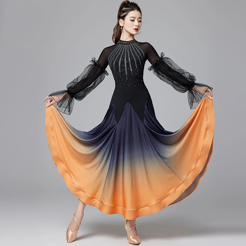 

Женское платье для бальных танцев, платье для соревнований по национальному стандарту, для вальса, для общественных танцев, со стразами и градиентом, современный танцевальный костюм