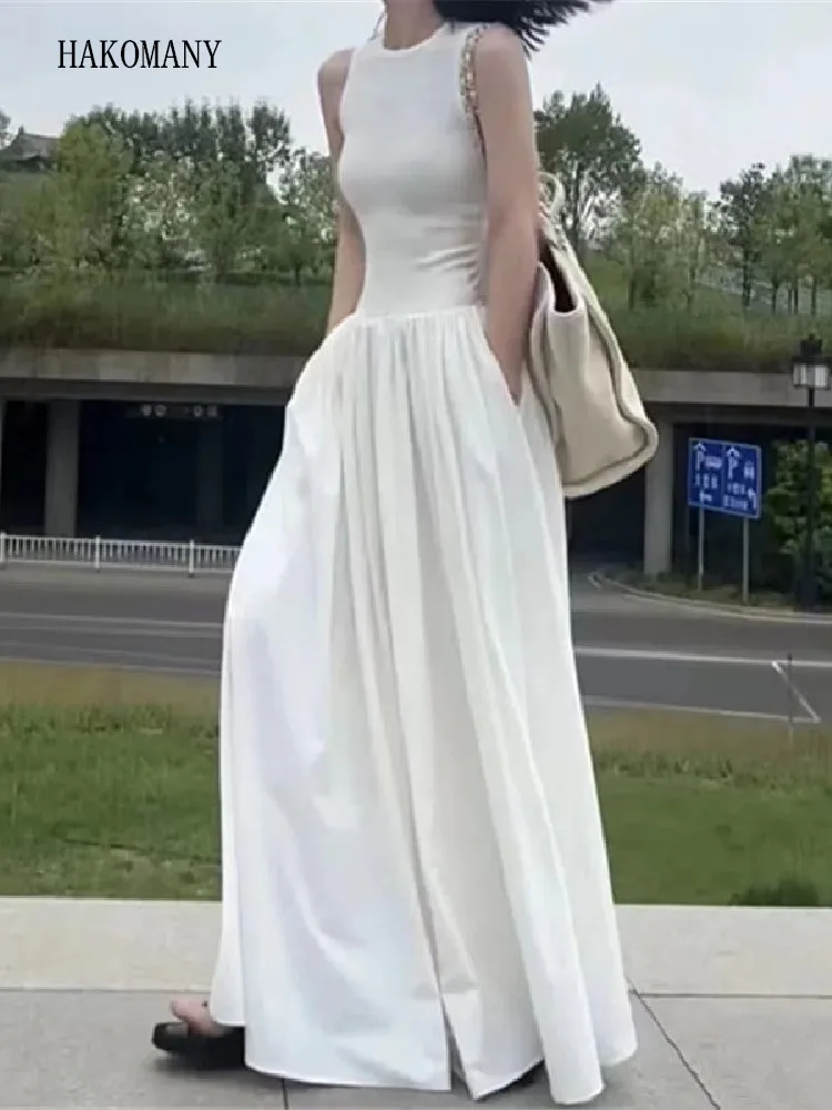 

Женское длинное платье без рукавов, праздничное платье макси в стиле ретро с круглым вырезом и разрезом на подоле, лето 2023