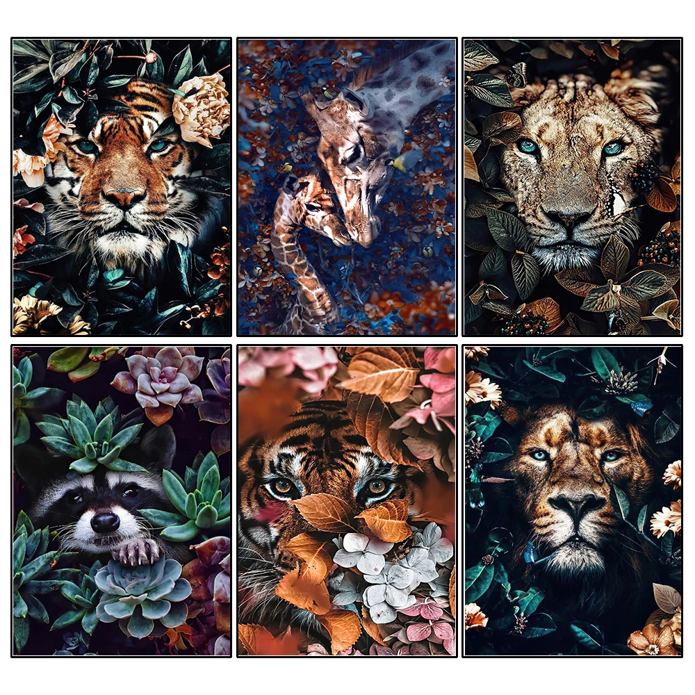 

Алмазная вышивка KAMY YI, картина из круглых страз «сделай сам», вышивка крестиком, тигр, лицо и цветы, картина Стразы