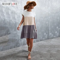 wayoflove women vintage patchwork dress summer holiday casual loose ruffles party vestidos butterfly sleeve o neck short dresses