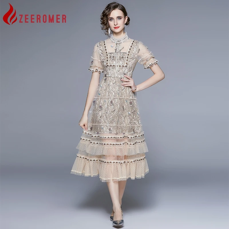 2023 Summer French Vintage Lace Patchwork Cake Dress Women Stand Collar Short Sleeve Embroidery Ruffles A-line Party Long Dress