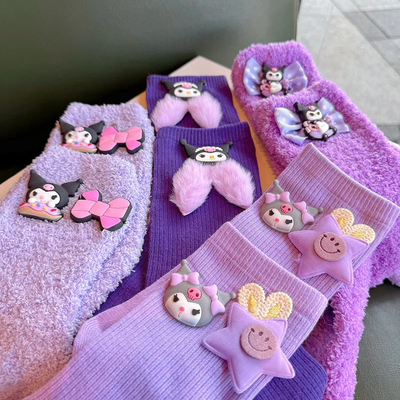 

Милые детские носки Sanrio Kuromi милые аниме коралловые бархатные нескользящие носки для пола впитывающие пот носки для сна детские игрушки Забавный подарок для девочек