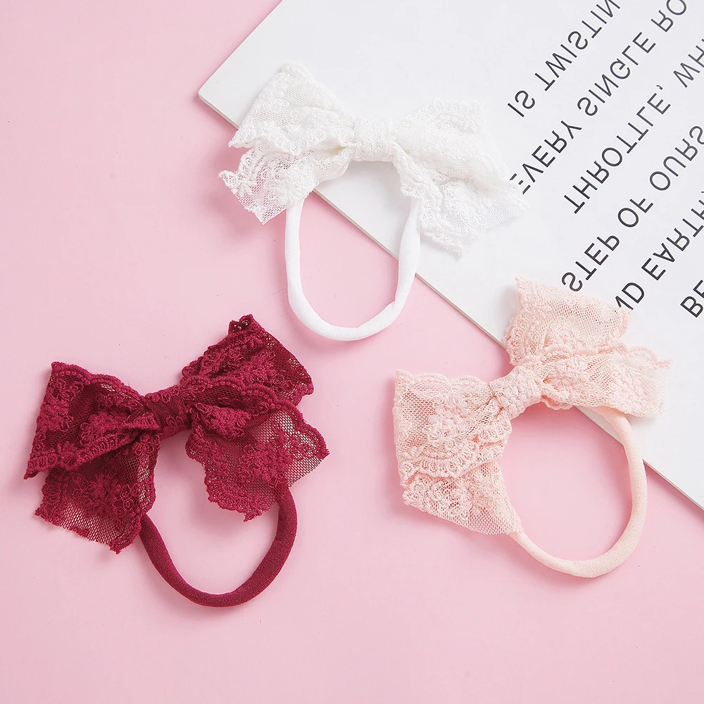 

Baby Headband Hair Bows Hairbands For Girls Lace Flower Head Bands Elastic Newborn Photo Props Infant Soft Turban 3 Colors