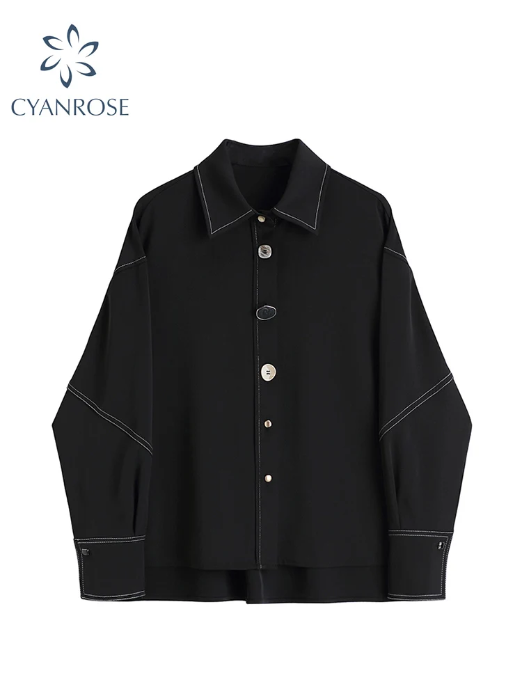 

Cardigan Black Blouses Or Tops For Woman Chic Buttons Lantern Long Sleeve Lapel Shirts 2022 Oversized Streetwear Ins Retro Tops