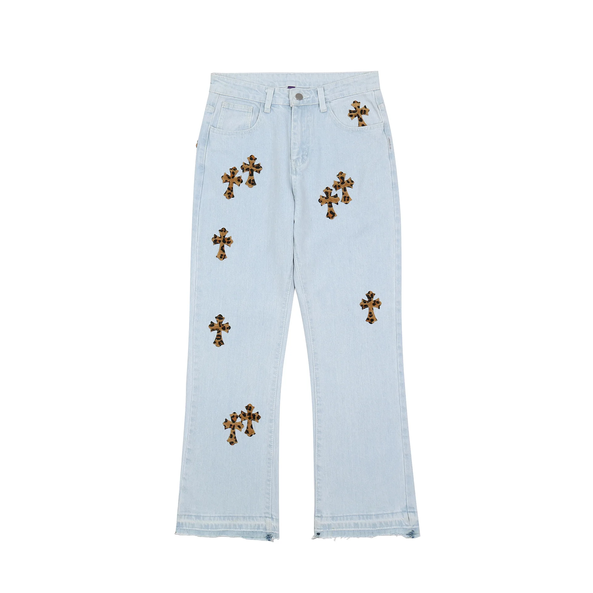

High Street Crucifix Embroidered Pants Men Hip Hop Micro-Flare Couple Straight Jeans Harajuku Oversized Wide Leg Pants Unisex