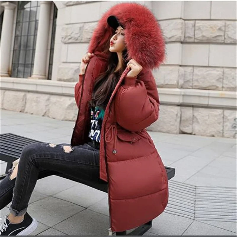Women's Mid-Length Padded Coats with Large Fur Collar Winter New Korean Style College Thickening Jackets Parkas Female Overcoat