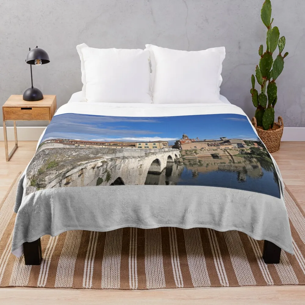 Old town and stone Tiberius bridge in Rimini Italy Throw Blanket Sleeping Bag Retros Giant Sofa Quilt Blankets
