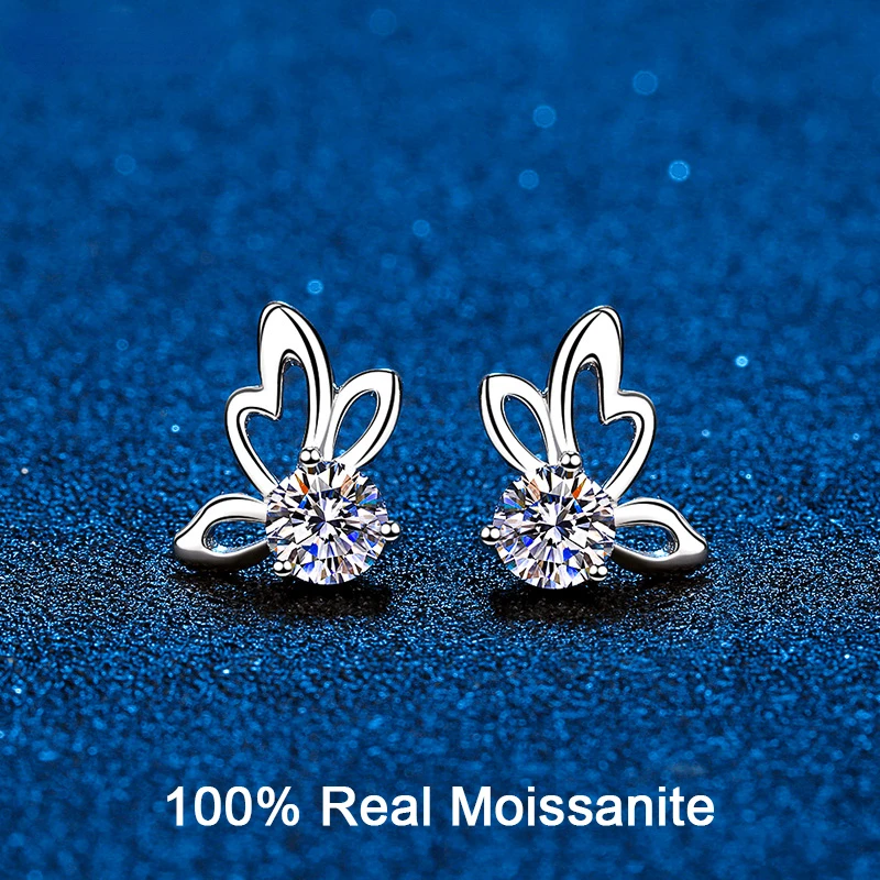 

100% Real Moissanite Butterfly Stud Earrings Sterling Silver 0.6CT 1CT Round Diamond Earrings For Daughter Girls Lovely Gift