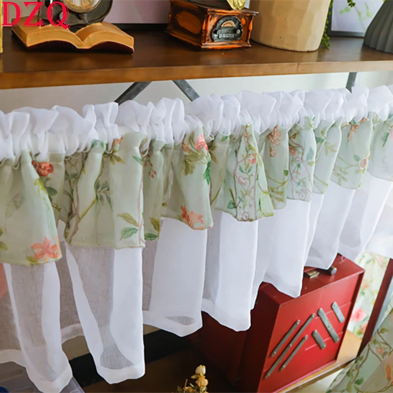 

Japanese Style Flowers Double Layer Short Curtains Korea Pastoral Tulle Floral Half Curtains for Kitchen Valance #A114