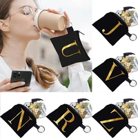 2022 unisex coin purse initial name gold print pattern earbuds key organizer small object ring buckle zipper black canvas mini