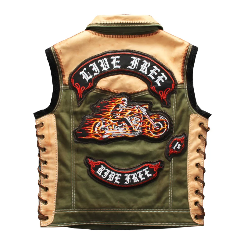 

Men's Green Motorcycle Style Embroidery Genuine Leather Large Size 4XL Real Horsehide Splicing Slim Fit Biker Vest