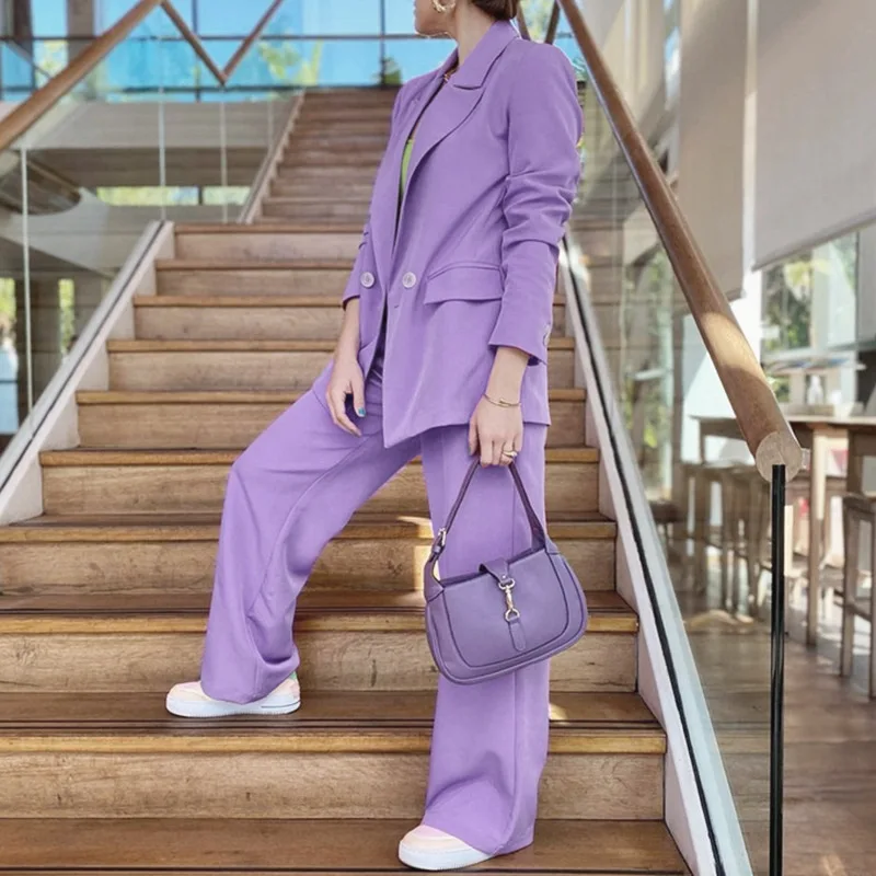 Womens Purple Solid Design Corduroy Blazers Notched Double Breasted and Chic Solid Trouser Korean Style Spring Fall All-match