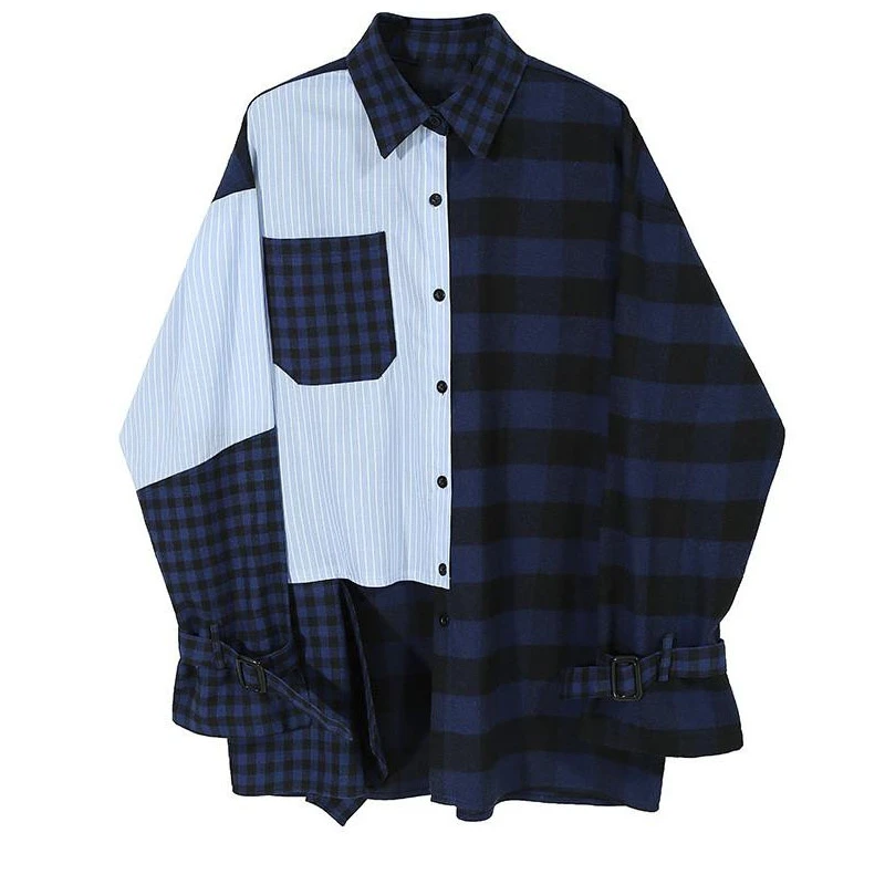 

SuperAen Shirt Women's Long Sleeves Spring Autumn New Design Sense Niche Striped Plaid Stitching Shirt Women's Irregular Tops