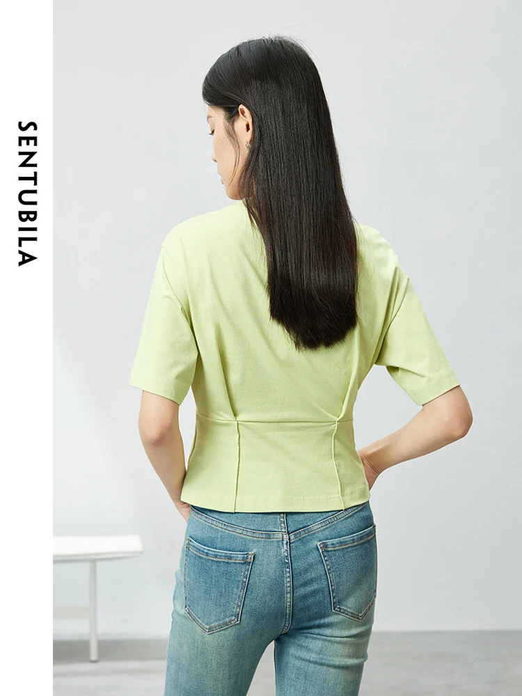 SENTUBILA однотонная хлопковая футболка с круглым вырезом повседневные тонкие