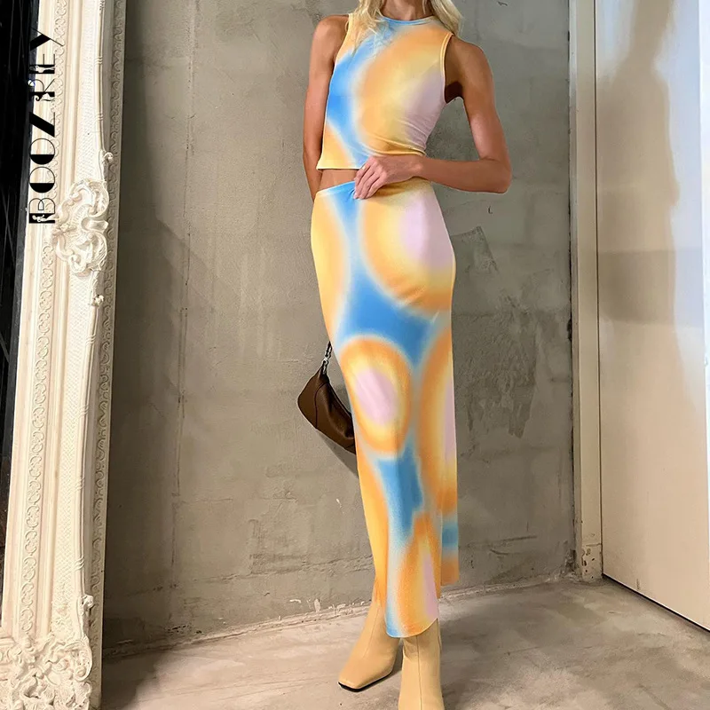 

BoozRey Summer Printed Sleeveless Round Neck Vest and Maxi Skirt Set Sexy Club Party Contrasting Colors Tie Dye Women Streetwear