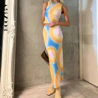 boozrey summer printed sleeveless round neck vest and maxi skirt set sexy club party contrasting colors tie dye women streetwear