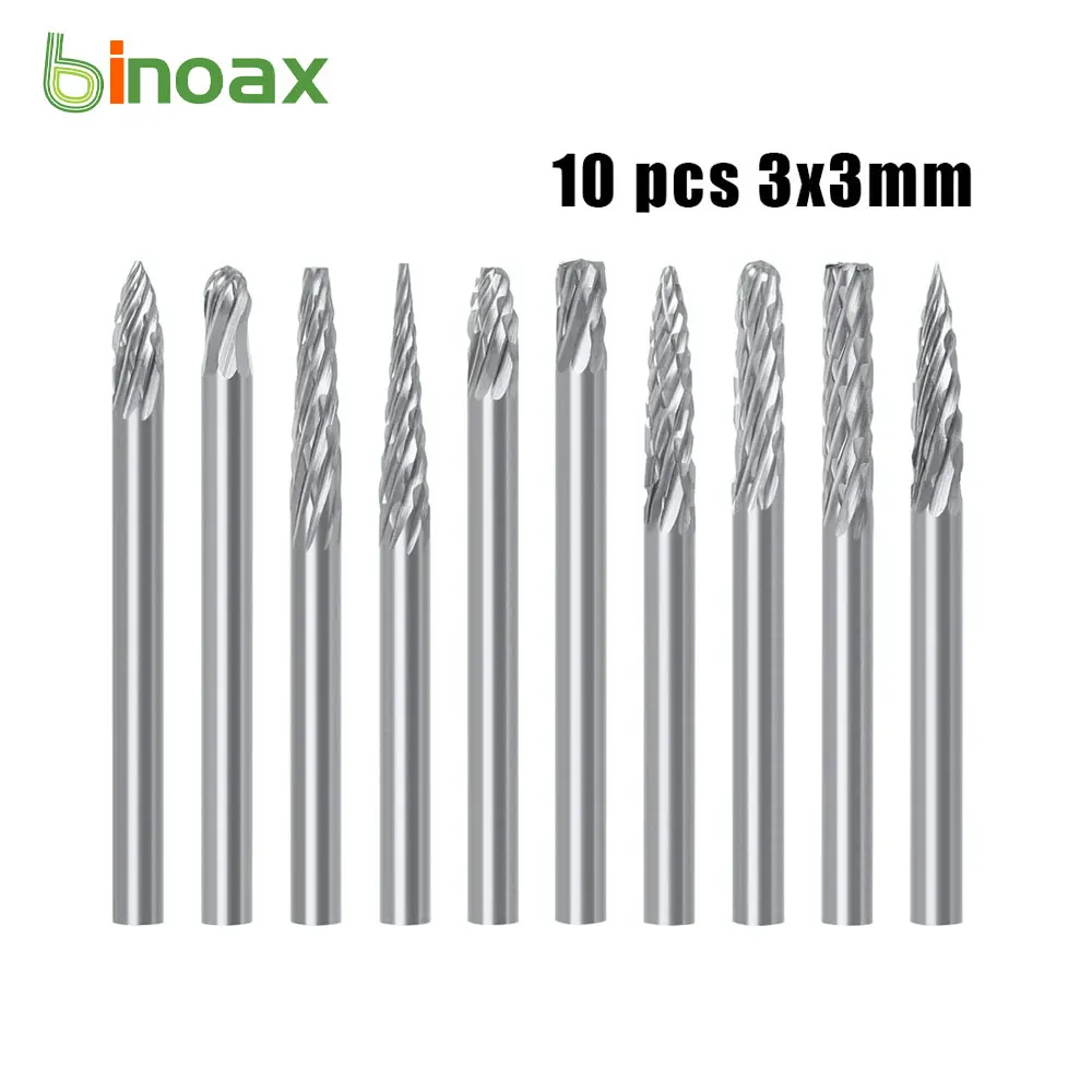 

Binoax 10Pcs Carbide Burr Set Tungsten Carbide Rotary Files Burrs for Die Grinder Drill 0.118"(3mm) Shank