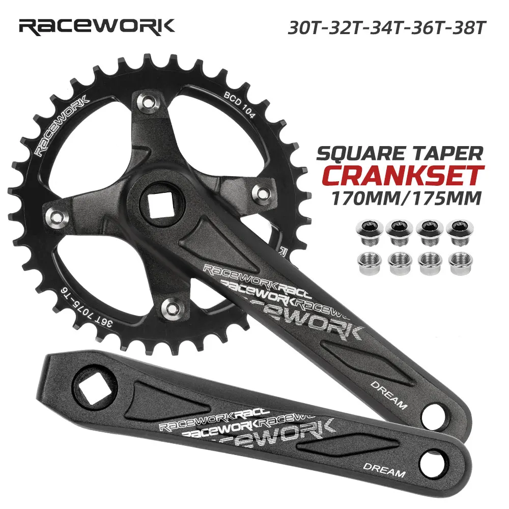 

RACEWORK Bicycle Square Hole Sprocket 104BCD 170/175mm Crank 30/32/34/36/38T Narrow Chainrings MTB Crankset Bicycle Accessories