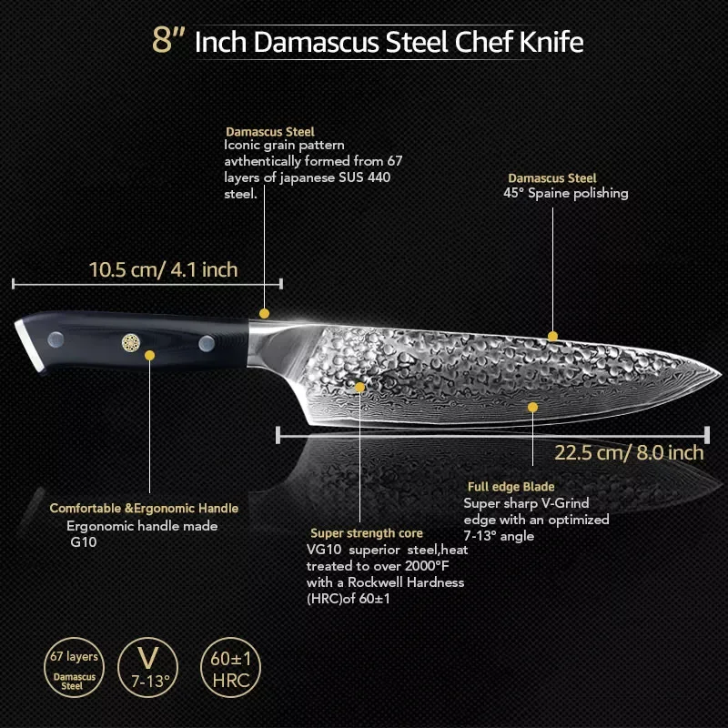 

Damascus Knives Chef Knife Japanese Kitchen Knife Damascus VG10 67 Layer Stainless Steel Knives Ultra Sharp G10 Handle