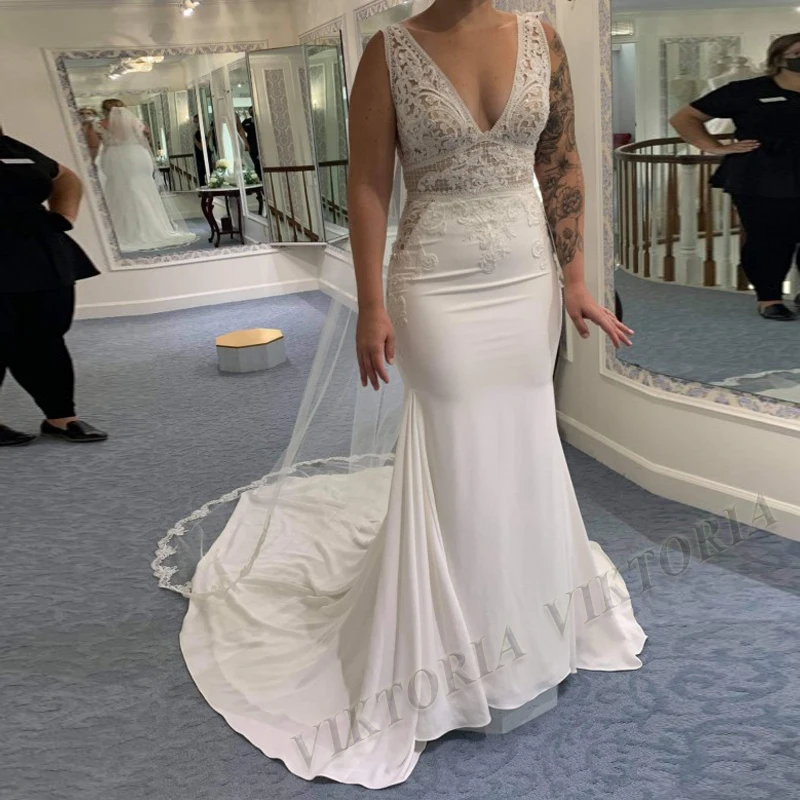 

VIKTORIA Modern Wedding Dresses Sweetheart Custom-Made Court Train Zipper Mermaid Appliques Sleeveless Vestidos De Novia