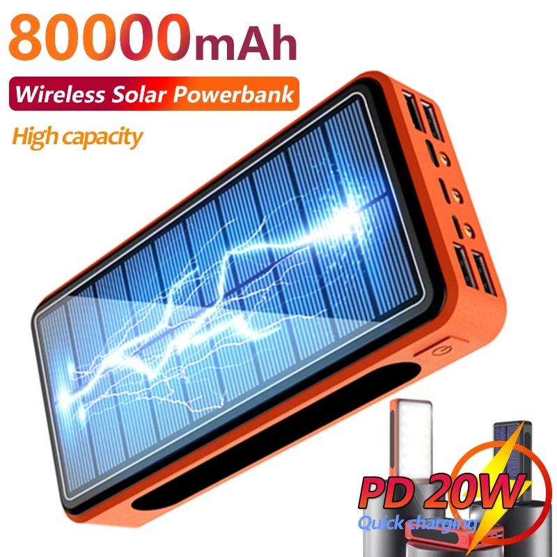 

Solar Power Bank 80000mAh QI Wireless Fast Charger with 4USB Outdoor LED Flashlight Portable Power Bank External Battery