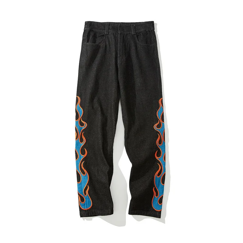 Four Seasons Jeans Men Flame Embroidery Men European and American High Street Tide Brand Hip-Hop Casual Jeans for Men and Women