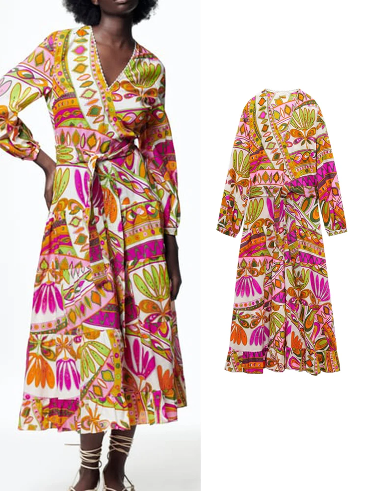 

TRAF Women Mid-Calf Dress With Belt 2022 Summer Vintage Female Printed Long Sleeve Dresses High Waist Beach Party Vestidos Mujer