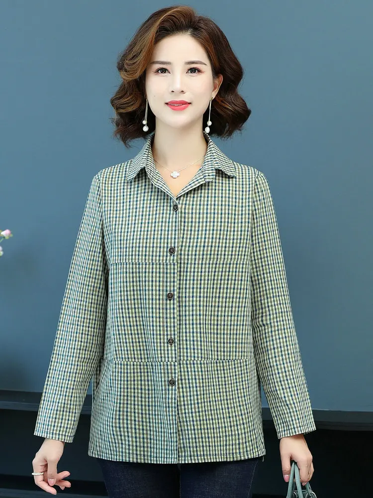 Женская хлопковая рубашка в красно-зеленую клетку с отложным воротником