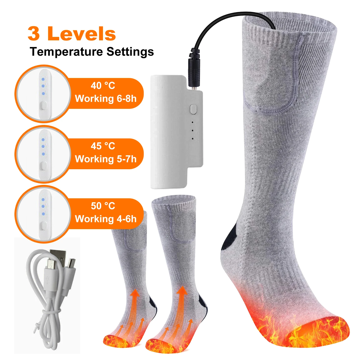 Thick winter outdoor ski thermal 3.7V electric rechargeable battery heated hiking cozy crew socks wool hiking sock for men women