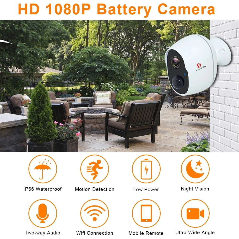 Cámara IP CCTV inalámbrica de baja potencia para interiores y exteriores, videocámara de seguridad con batería recargable Wifi de 1080P, resistente al agua