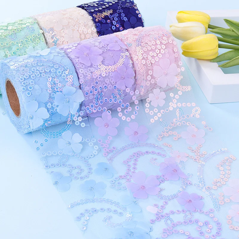 

10Yards 3D Flower Glitter Tulle Roll Width 6cm Crystal Sequin Organza DIY Craft Tutu Skirt Gift Home Wedding Party Decor