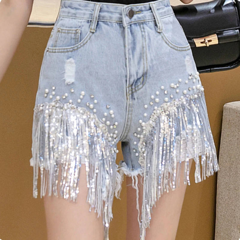 

Sexy Tassel Beading With Holes High Waist Wide Leg Shorts Jeans 2022 Korean Fashion Women Summer Elegant Denim Shorts Streetwear