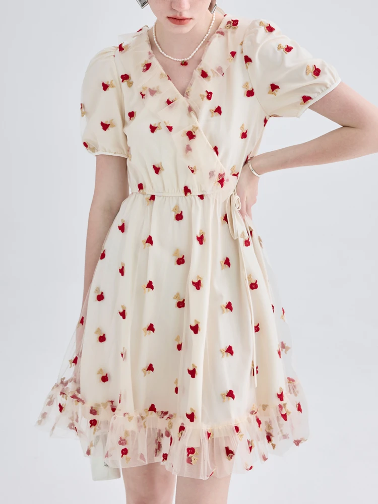 

Короткая юбка с V-образным вырезом и вышивкой розы, женское летнее новое платье с завязкой на талии, дизайнерское Сетчатое платье с коротким ...