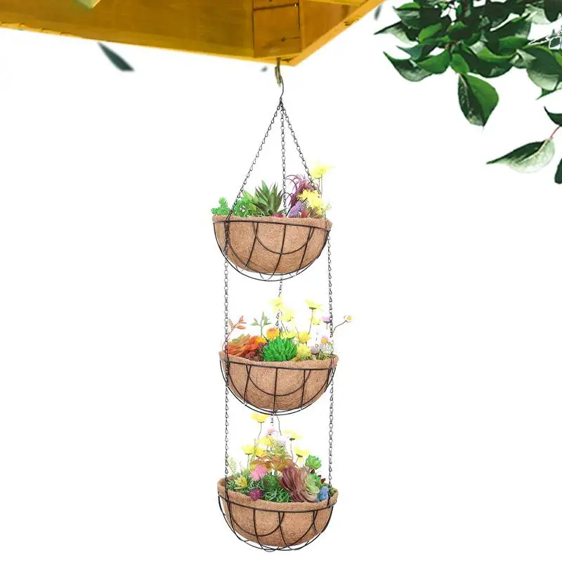 Plants Hangings Baskets Iron Hangings Baskets For Plants With Three Layer Chain Wire Plant Holder Flower Pot For Indoor Outdoor