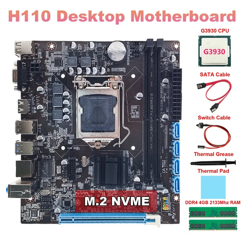 

Материнская плата H110 для настольного компьютера + процессор G3930 + 2X DDR4 4 Гб 2133 МГц ОЗУ + кабель SATA + кабель переключателя + термопаста + термопрокладка LGA1151