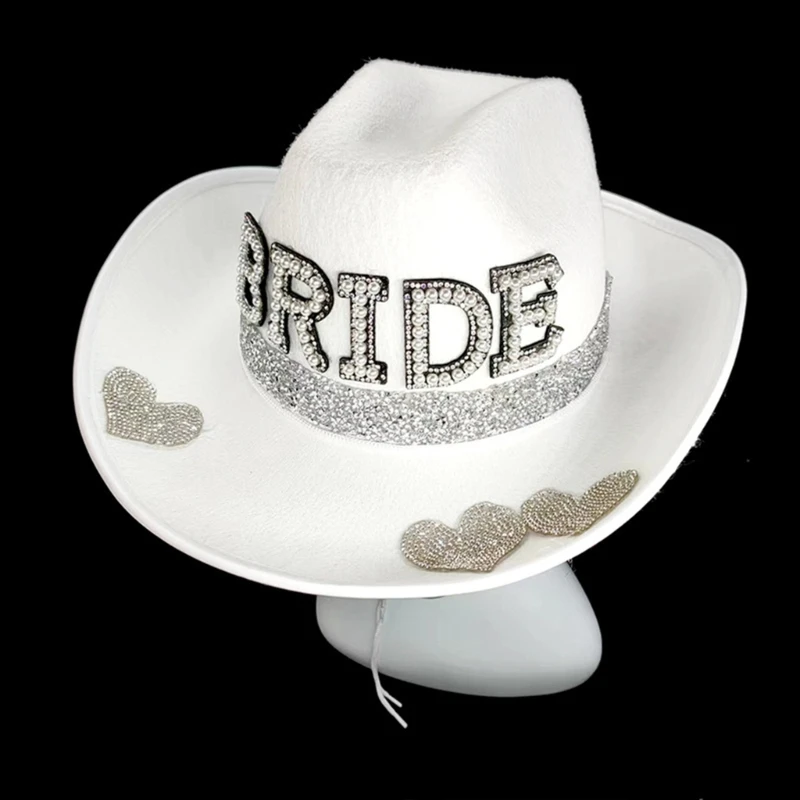 

White Color Bride Cowboy Hat for Wedding Party Pearl Decors Cowgirls Hat for Spring Summer Outdoor Sunproof