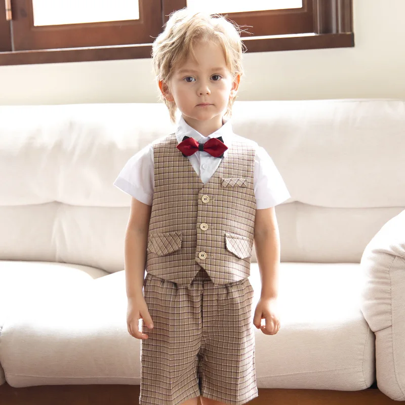 Kids Khaki Plaid Waistcoat Photography Suit Children Formal Wedding Dress Flower Boys Performance Birthday Ceremony Costume