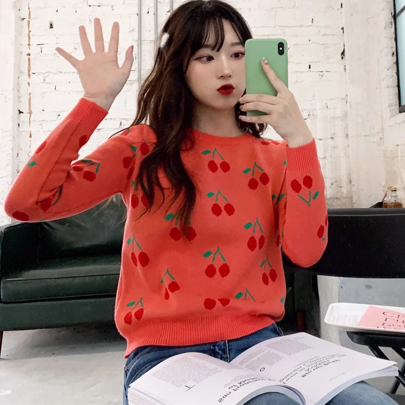 

O-Neck Embroidery Cherry Sweater 2022 Autumn Women Pullover Knitwear Korean Style Kawaii Jumper Winter Casual Loose Sweaters Top