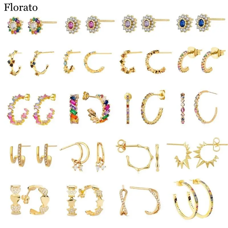 

Perforated C Type Luxury 925 Sterling Silver Ear Needle Gold Stud Earrings For Women Shiny Crystal CZ Earrings Fashion Jewelry