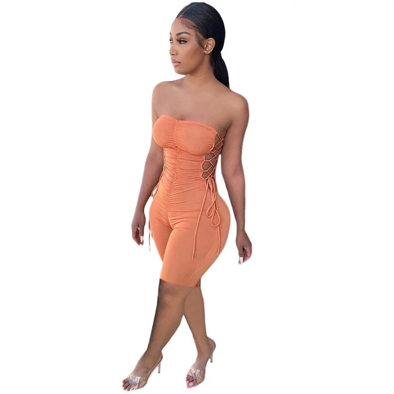 

2023 Solid Color Hollow Out Shirring Slim Jumpsuits Women Summer New Skinny Bandage Tube Top Bodysuits One Piece Outfit Female