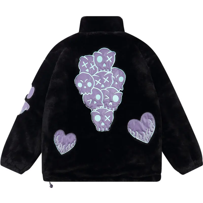 

Winter Men Warm Faux Fur Parkas Jacket Streetwear Hip Hop Embroidery Skull Thick Fluffy Fuzzy Fleece Zipper Coat Fashion Loose