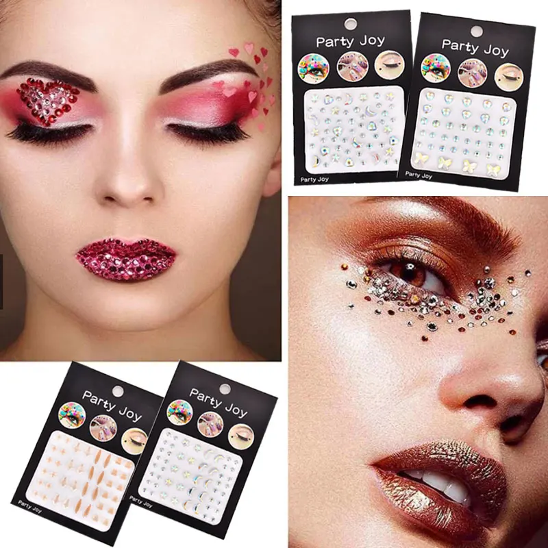 Face Rhinestones Jewels Tattoo Stickers 3D Diamond Eyeshadow Stickers Temporary Tattoos DIY Decal Body Brow Makeup Self Adhesive
