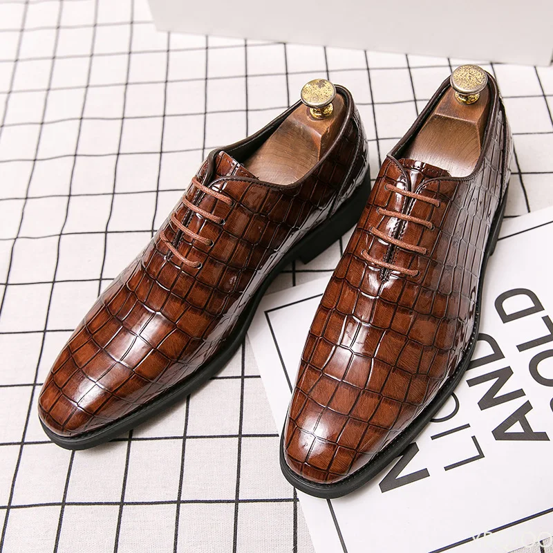 

Luxury Italian Leather Dress Shoes Men Fashion Plaid Print Lace Up Black Brown Wedding Office Shoes Formal Oxford Shoes for Men