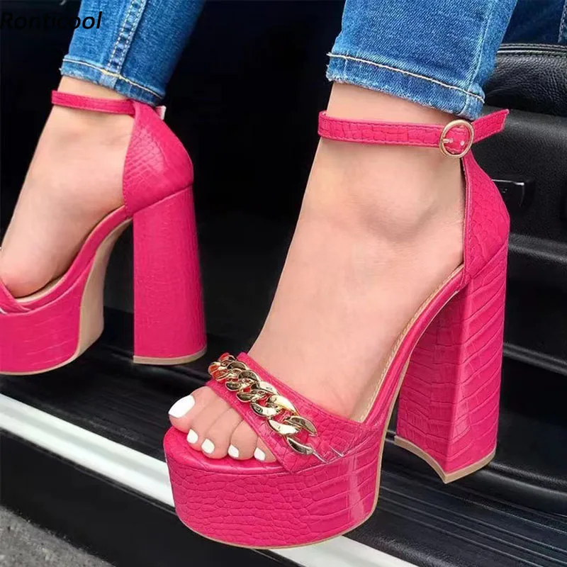 

Ronticool Handmade Women Platform Sandals Croc Pattern Sexy Chain Chunky Heels Open Toe Pretty Fuchsia Party Shoes US Size 5-15
