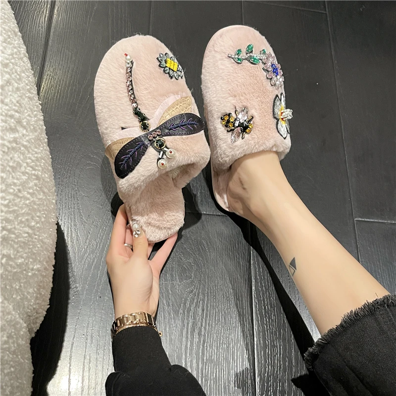 Женские теплые Нескользящие шлепанцы плоская подошва Короткие Плюшевые с