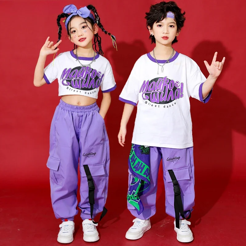

Укороченный топ для девочек в стиле хип-хоп, фиолетовые брюки-карго, футболка для мальчиков, футболка для уличного танца, розовые джоггеры, Детская уличная одежда, комплекты детской одежды