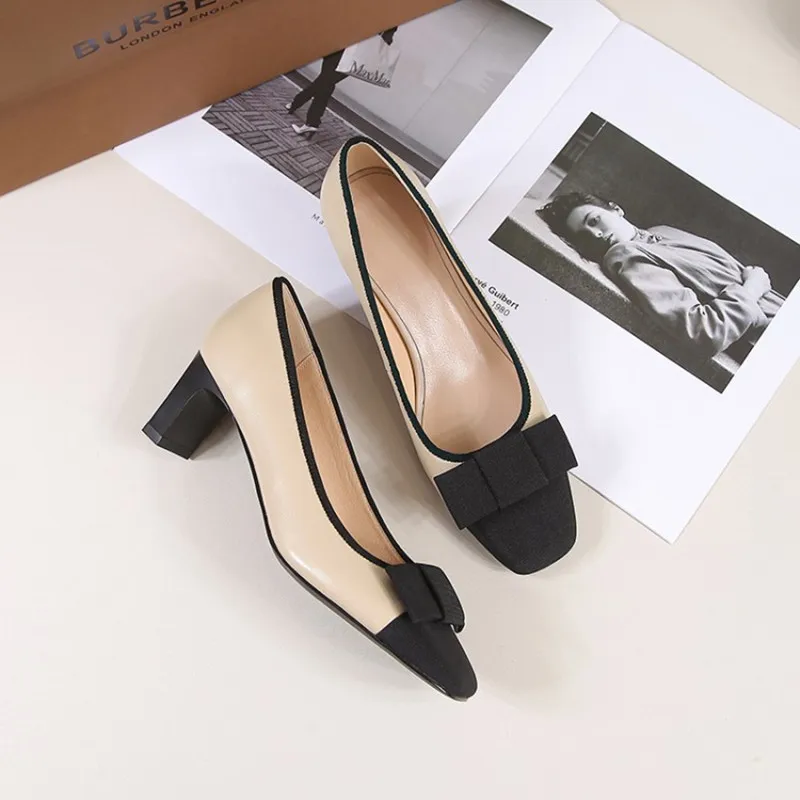 

LeShion Of Chanmeb Designer Sheep Leather Pumps Woman Lovely Cut Bow Knot Mix-color High Heel Shoes for Ladies Office Dress Pump