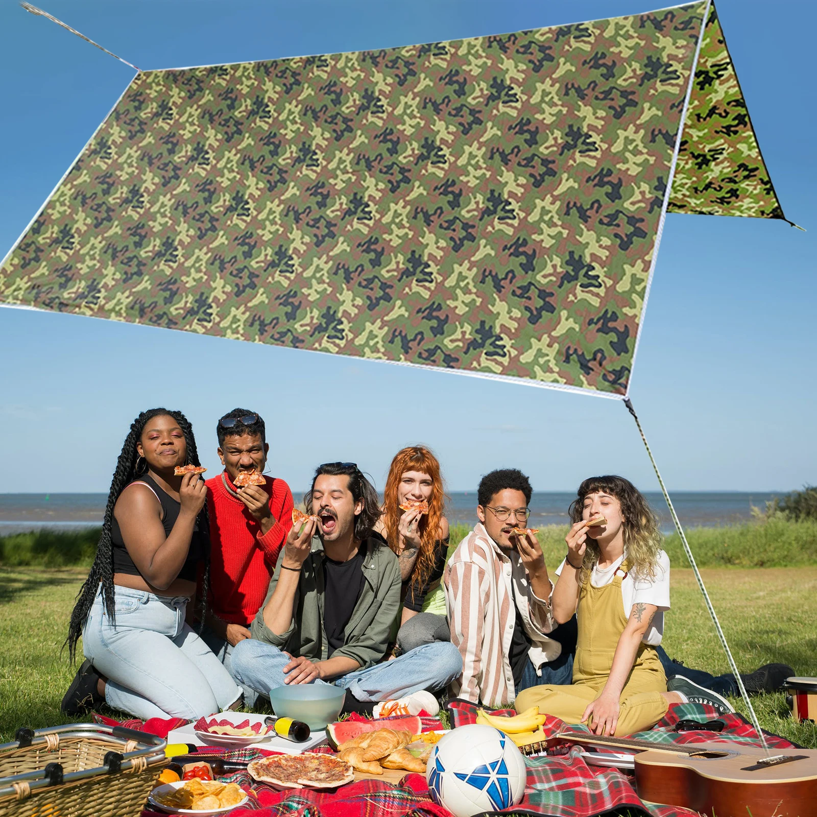 НАКРЫТИЕ ДЛЯ ПАЛАТКИ, ПАРУСА, ТЕНТА CAMOUFLAGE, ВОДОНЕПРОНИЦАЕМОЕ, УСТОЙЧИВОЕ К УФ-ЛУЧАМ, С ЗАКОЛКАМИ, ВЕРВКОЙ, С БАГАЖНИКОМ ДЛЯ ХРАНЕНИЯ.