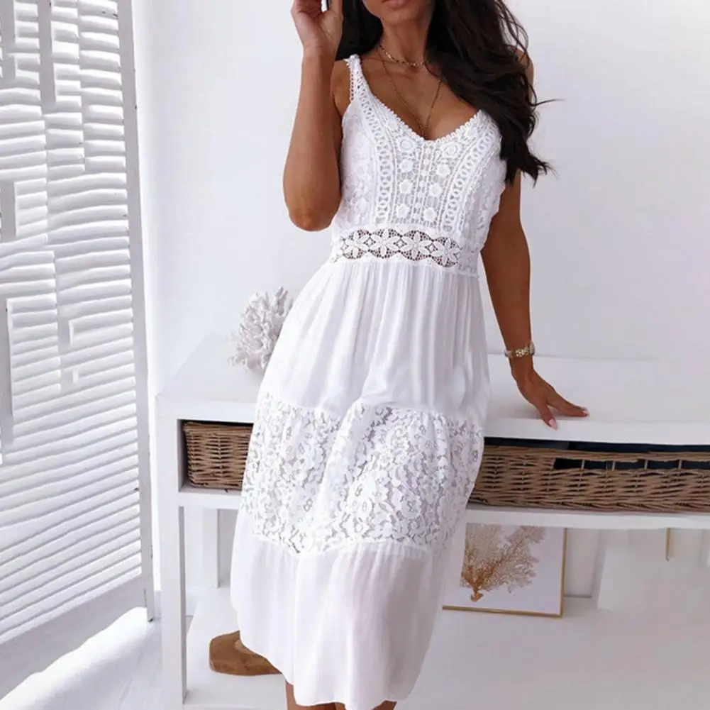 

V-Neck Sleeveless Flowy Hem Sling Dress Solid Color Lace Patchwork Lady Mini Dress Streetwear